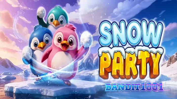 Tampilan visual permainan slot Snow Party dengan tema hewan kutub yang meriah